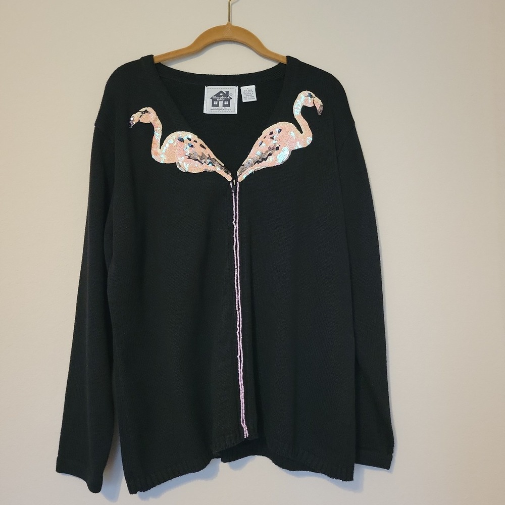 Storybook Knits Womens Flamingo Cardigan Size L Coastal Beaded Sequins Granny